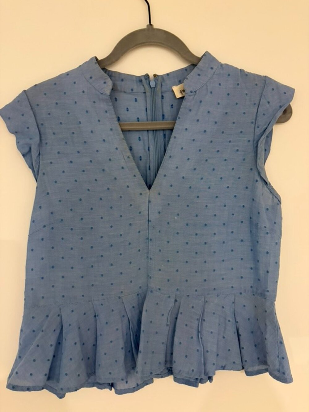 Anthropologie Porridge Blue Swiss Dot Cap-Sleeve Peplum Top